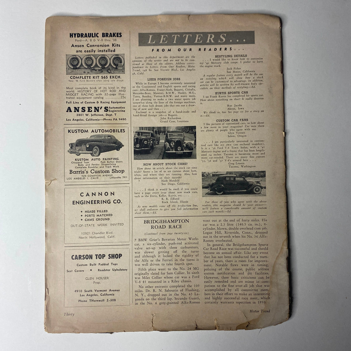 Back cover of Motor Trend Magazine September 1949 showing reader letters and advertisements, part of the classic Kurtis Sport Car premier issue.