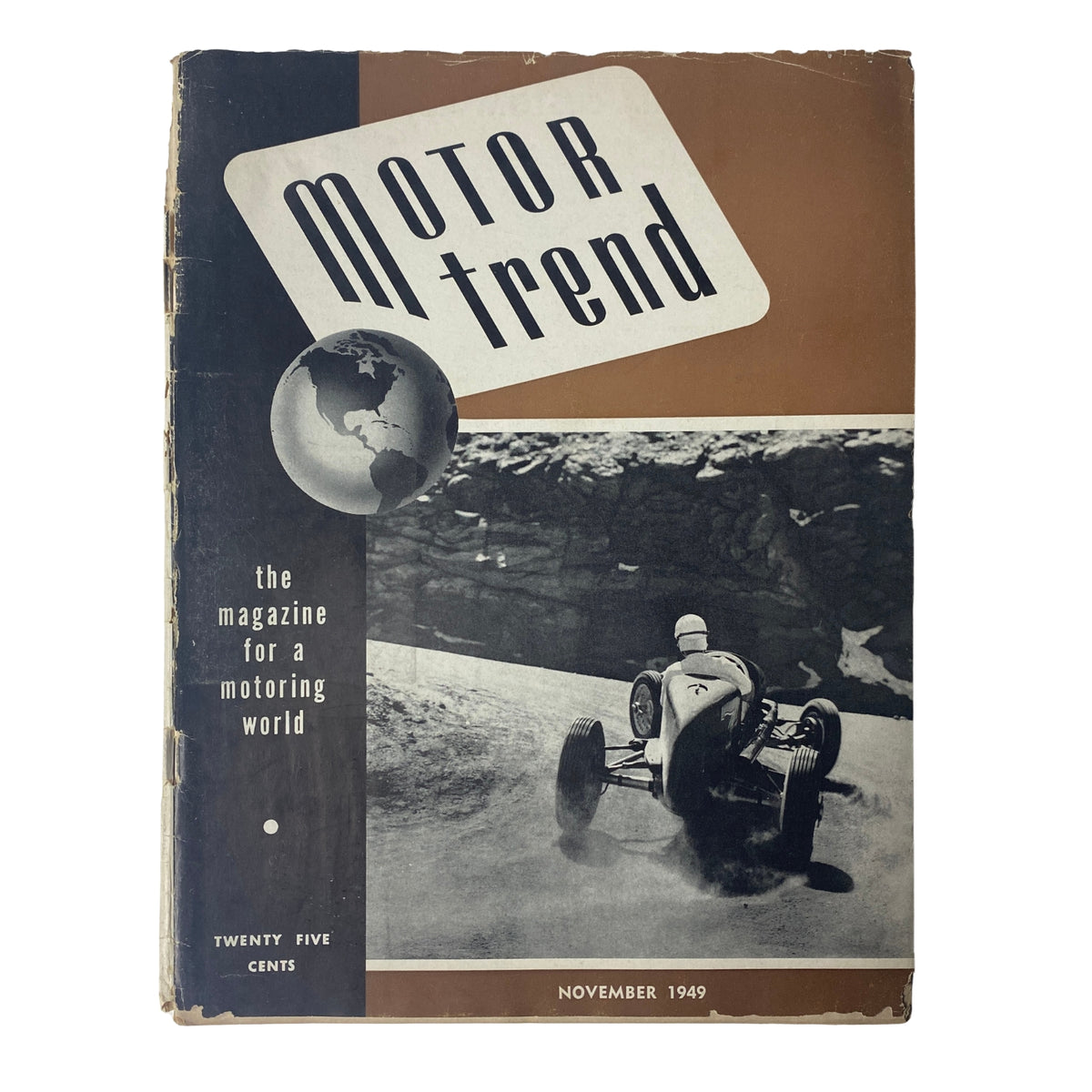 Cover of the Motor Trend Magazine November 1949 featuring the McDowell 4. The design highlights a vintage style with a racing theme.