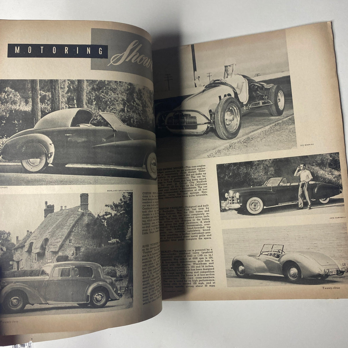 Two pages from Motor Trend Magazine November 1949 showcasing classic cars and motoring designs, capturing the essence of mid-20th-century automotive culture.