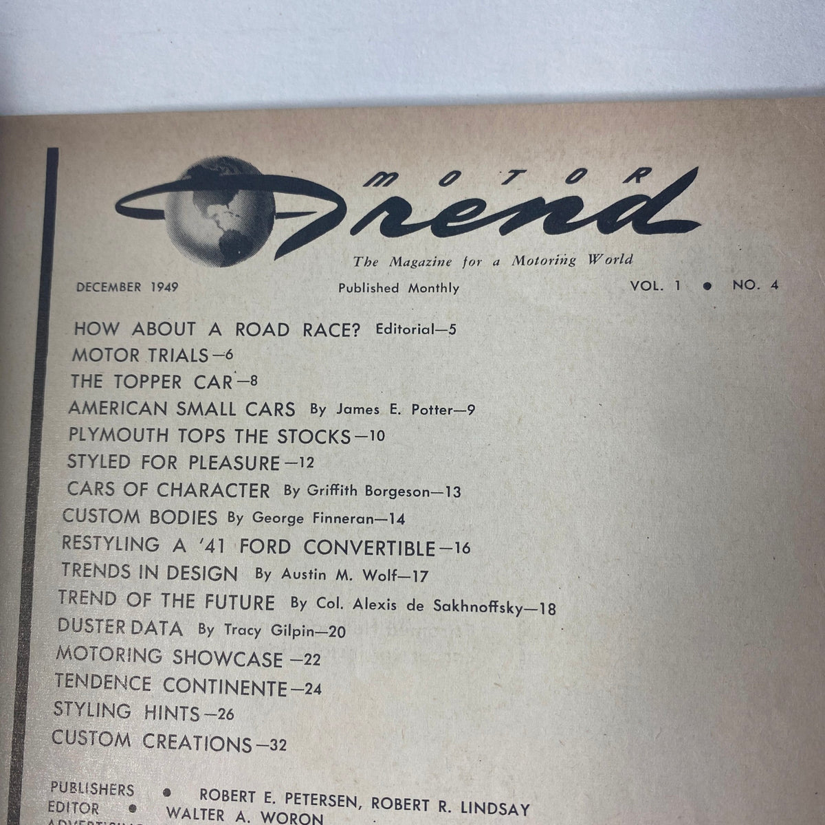 Motor Trend Magazine December 1949 Table of Contents featuring articles like 'How About a Road Race?' and 'The Topper Car' - Vol. 1, No. 4.
