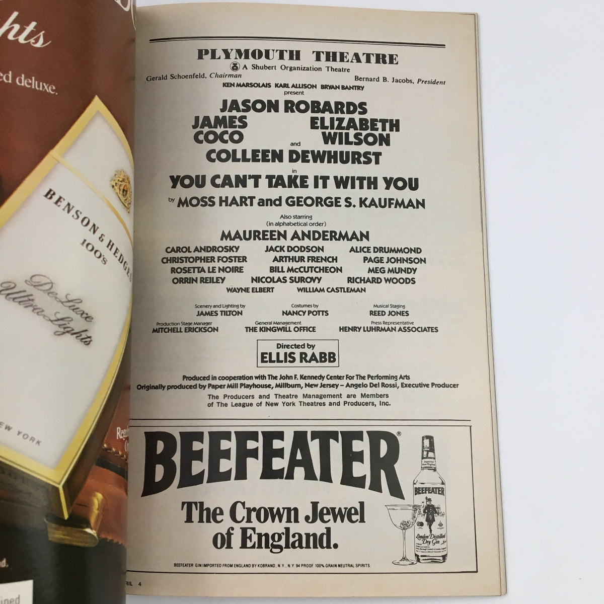 Interior page of the 1983 Plymouth Theatre Playbill for 'You Can't Take It With You', showcasing the cast including Jason Robards and Elizabeth Wilson, along with production details.