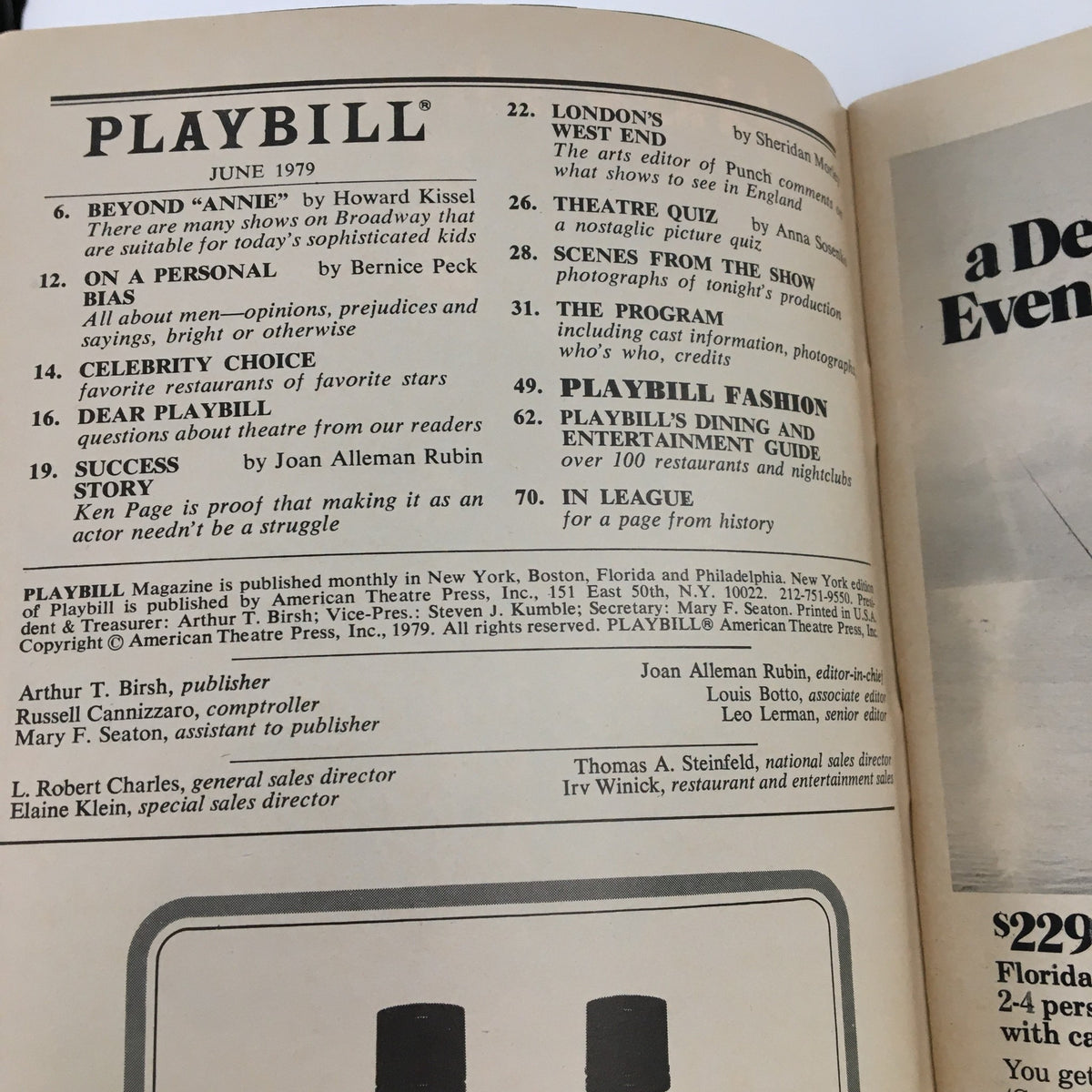 Inside page of 1979 Playbill for 'Whose Life is it Anyway' featuring cast and crew details at Trafalgar Theatre.