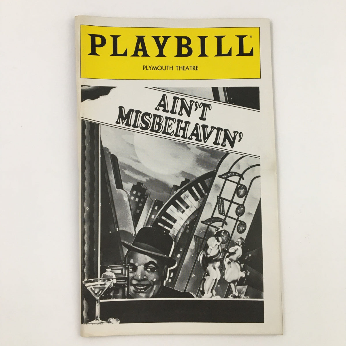1979 Playbill for Ain't Misbehavin' at the Plymouth Theatre, featuring a vintage black and white cover design showcasing a performer and stylized cityscape.