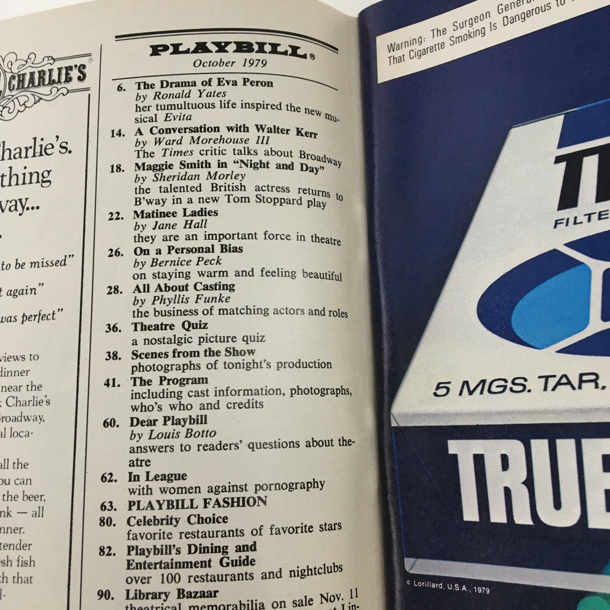 Interior view of the October 1979 Playbill featuring Ain't Misbehavin' by Richard Matby, Jr., showcasing articles about Broadway, including 'The Drama of Eva Peron' and 'A Conversation with Walter Kerr.' The page displays the Playbill logo and outlines topics covered in the issue.