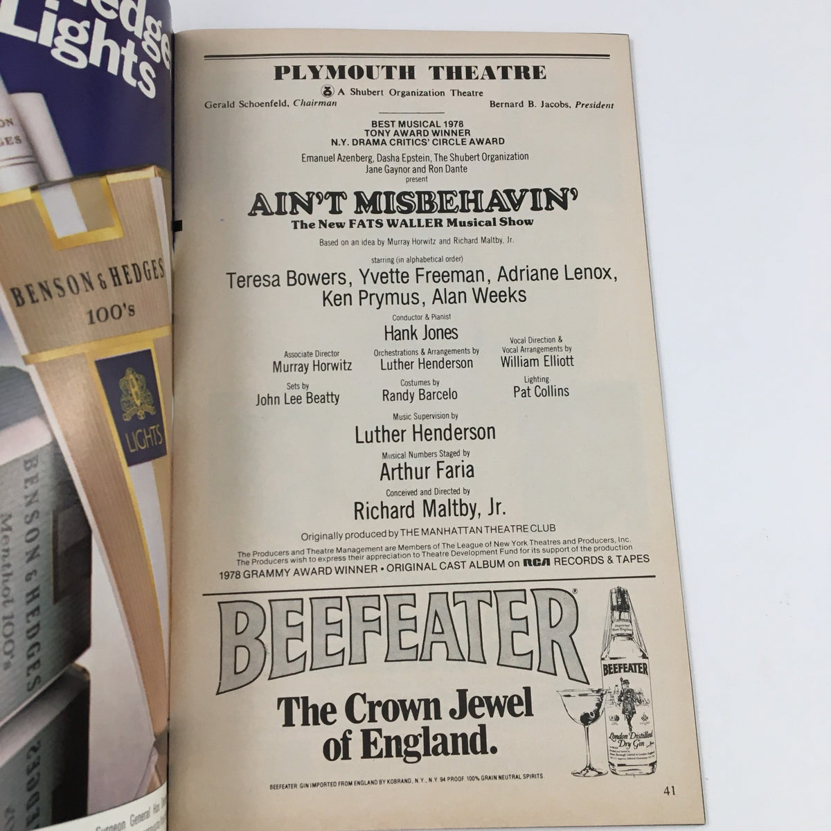 The advertisement page from the October 1979 Playbill for Ain't Misbehavin' at Plymouth Theatre, featuring cast and production credits including the director Richard Maltby, Jr. A notable inclusion is the musical's accolades and awards.