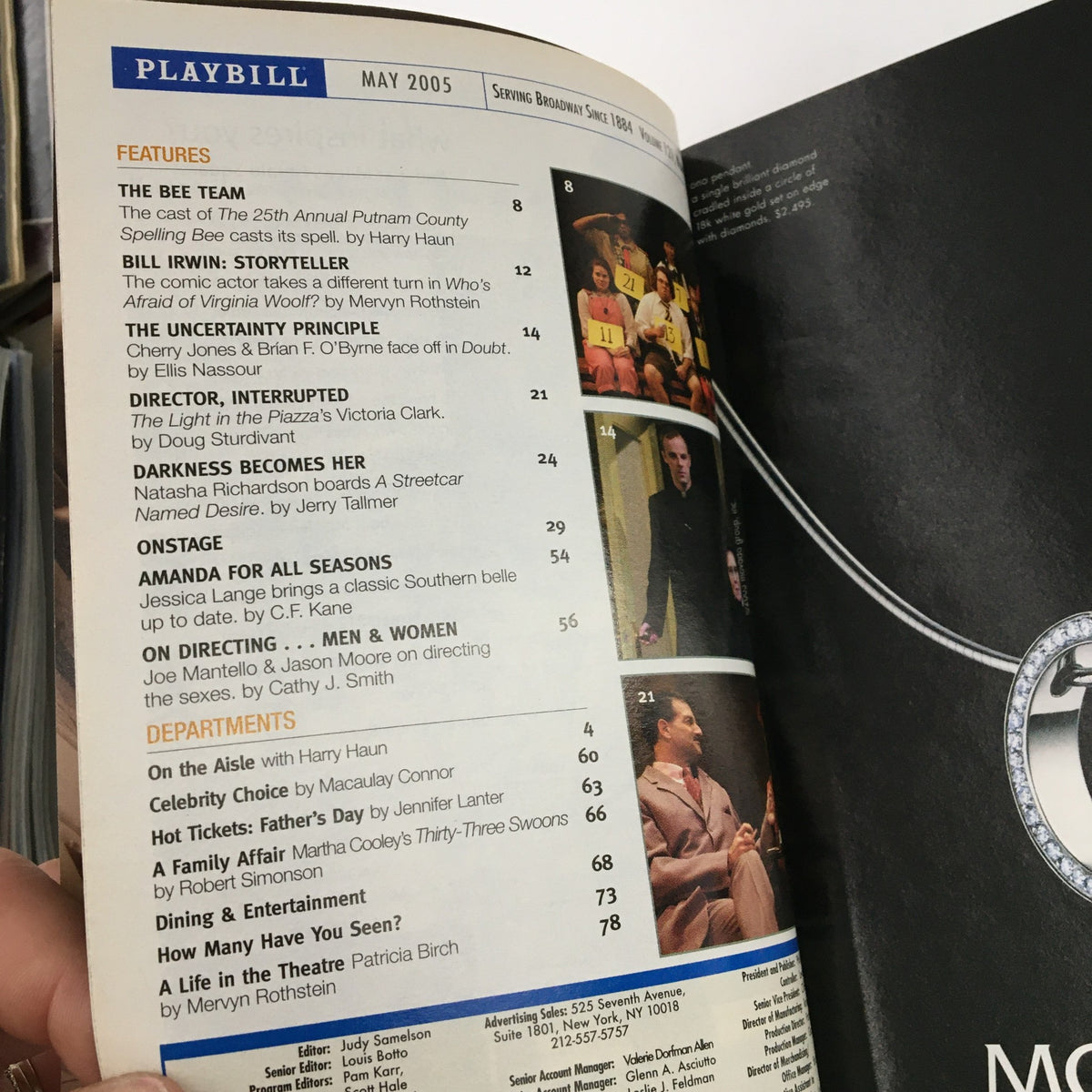 Inside pages of the 2005 Playbill for Lincoln Center Theatre's The Light in the Piazza, showcasing the table of contents and featured articles.