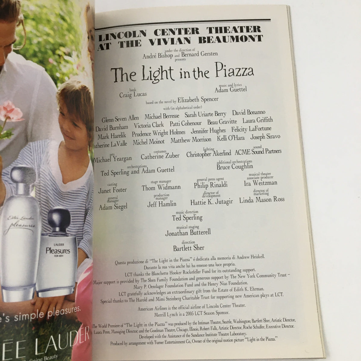 Credits page of the 2005 Playbill for Lincoln Center Theatre's The Light in the Piazza, listing the cast and crew details.