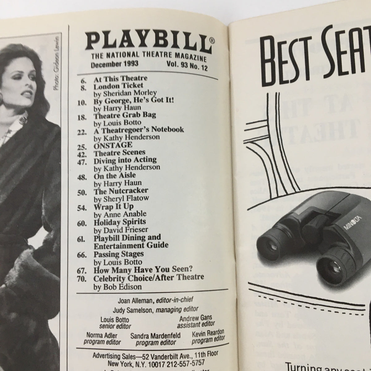 Inside page of the 1993 Playbill for My Fair Lady, showcasing content from the December 1993 issue of the National Theatre Magazine.