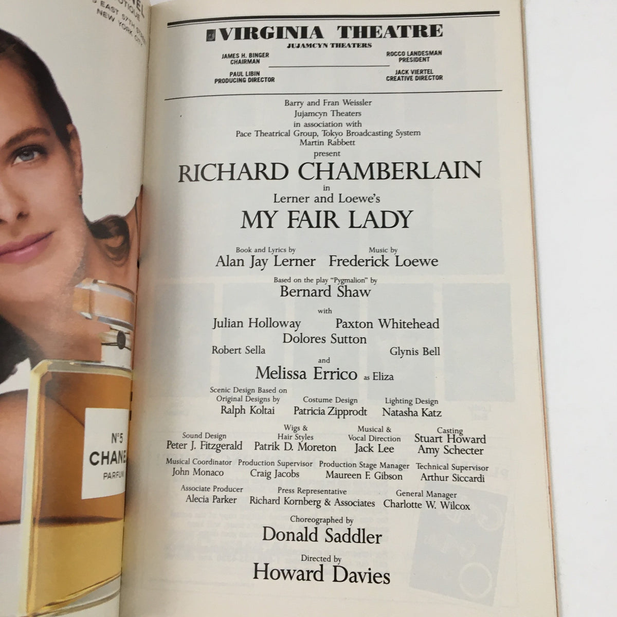 Featuring the cast list and details for Richard Chamberlain in My Fair Lady at Virginia Theatre, this page highlights the musical's staff and performers.