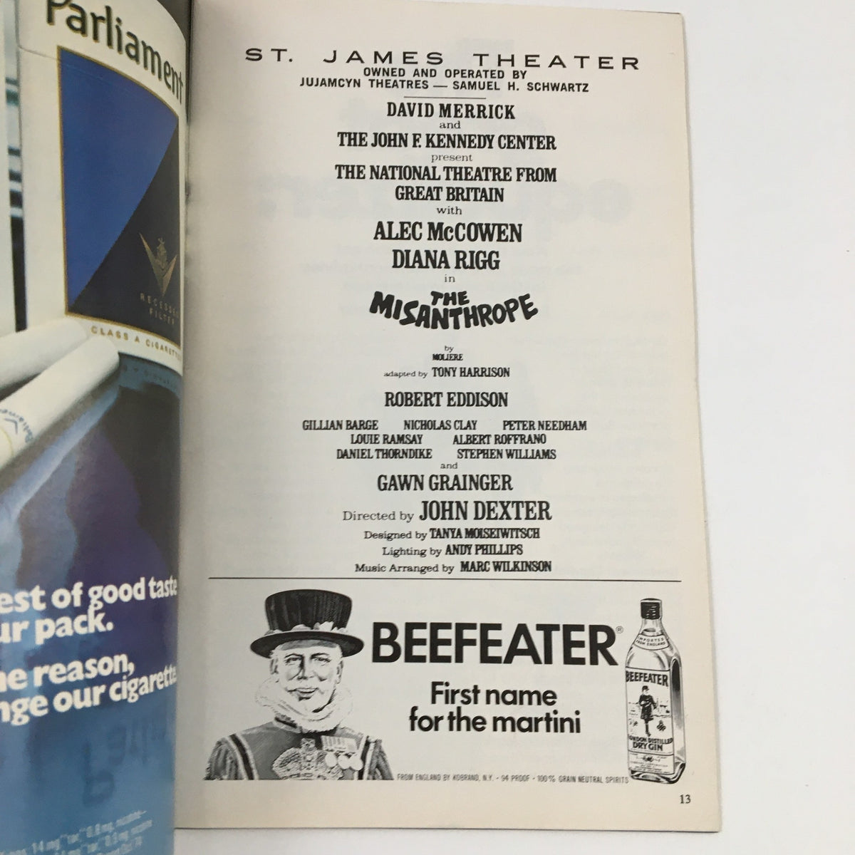 Inside page of the 1975 Playbill for The Misanthrope listing the cast and production details at St. James Theatre.