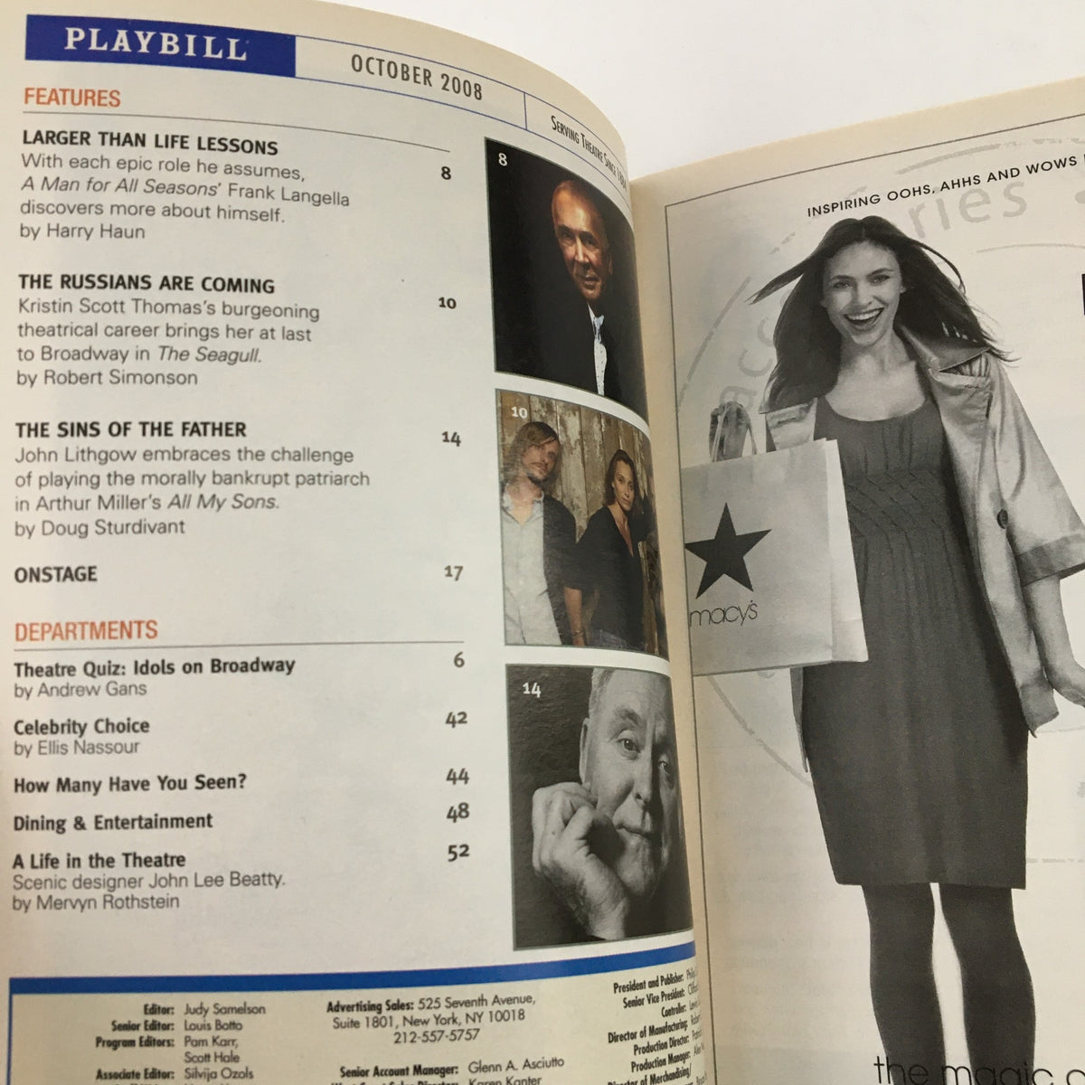 Features page from the October 2008 Playbill, showcasing articles and highlights from the theater scene including the importance of various performances.