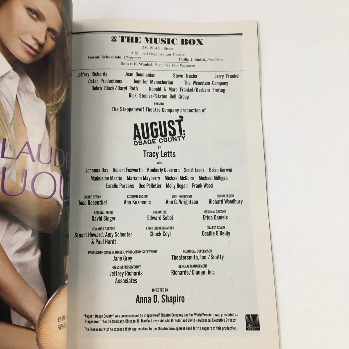 Cast and production details page from the Playbill for 'August: Osage County', directed by Anna D. Shapiro, with a list of cast members and production information.