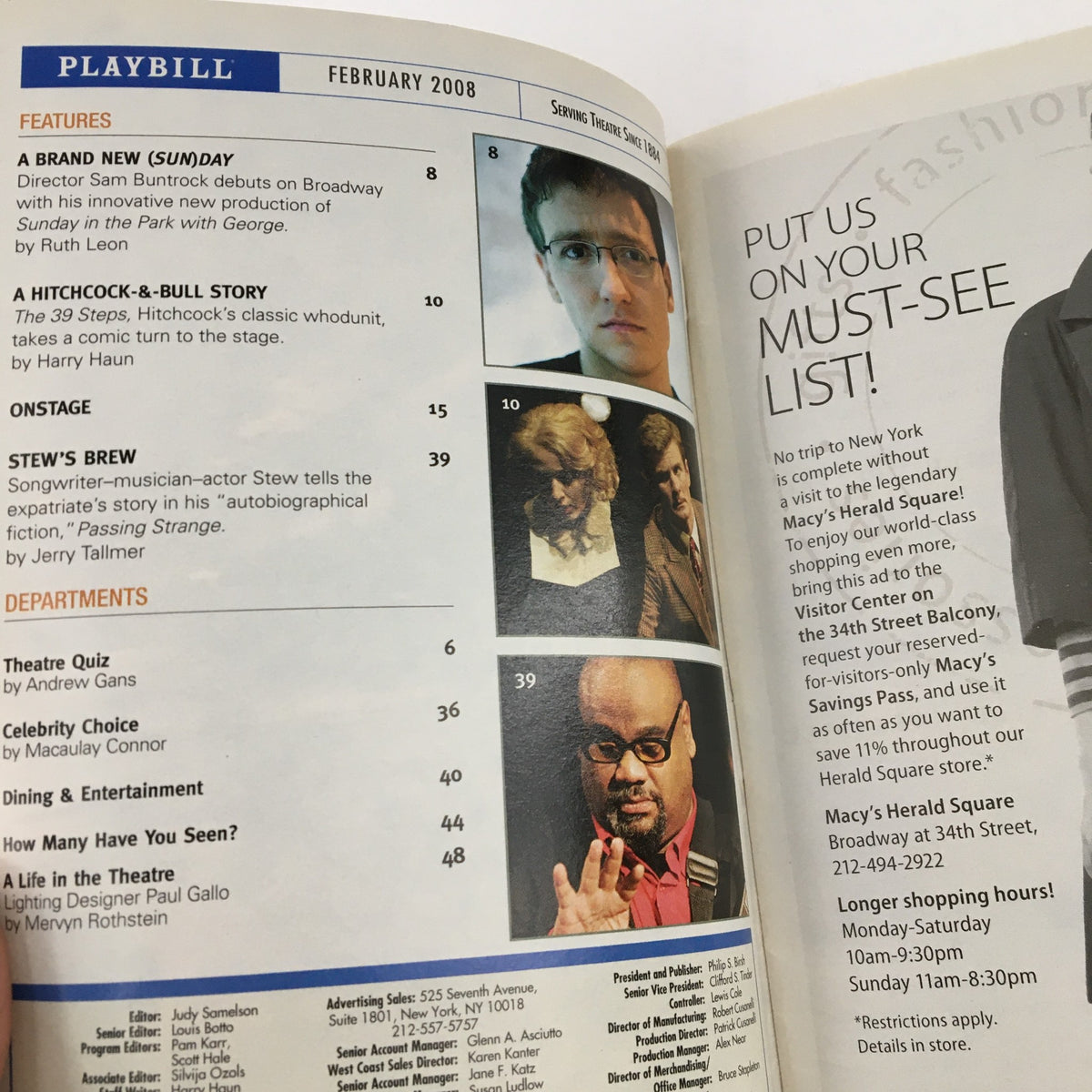 Inside page of the February 2008 Playbill featuring 'Jersey Boys' at the August Wilson Theatre, includes cast and crew details.