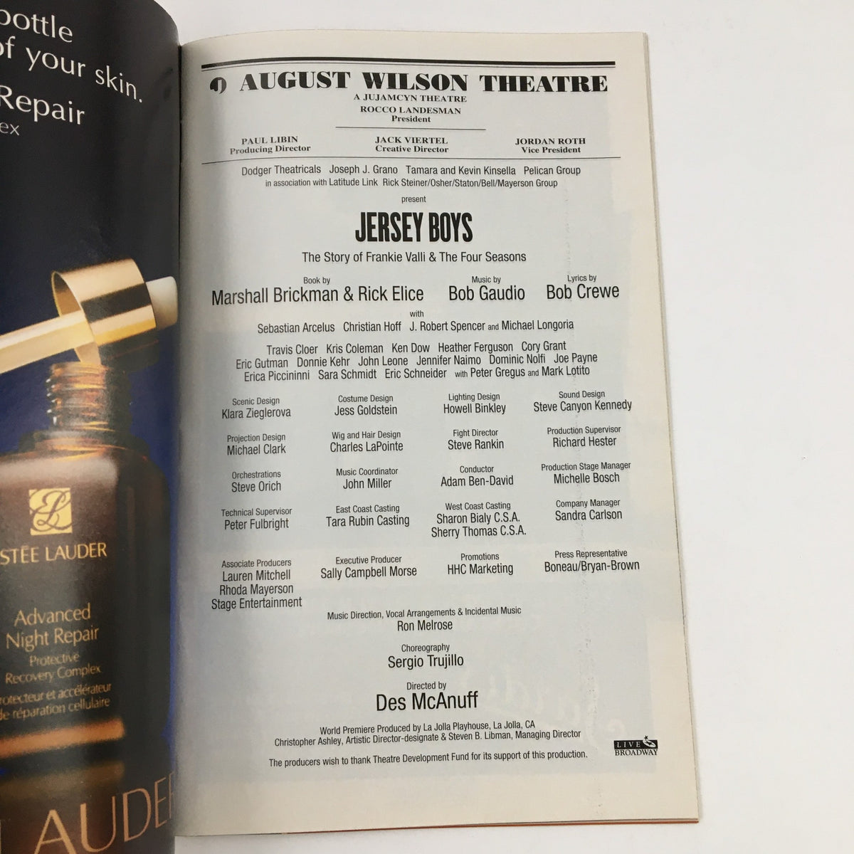 Dedicated page of the February 2008 Playbill for 'Jersey Boys,' showcasing creative team and production information by Des McAnuff at the August Wilson Theatre.