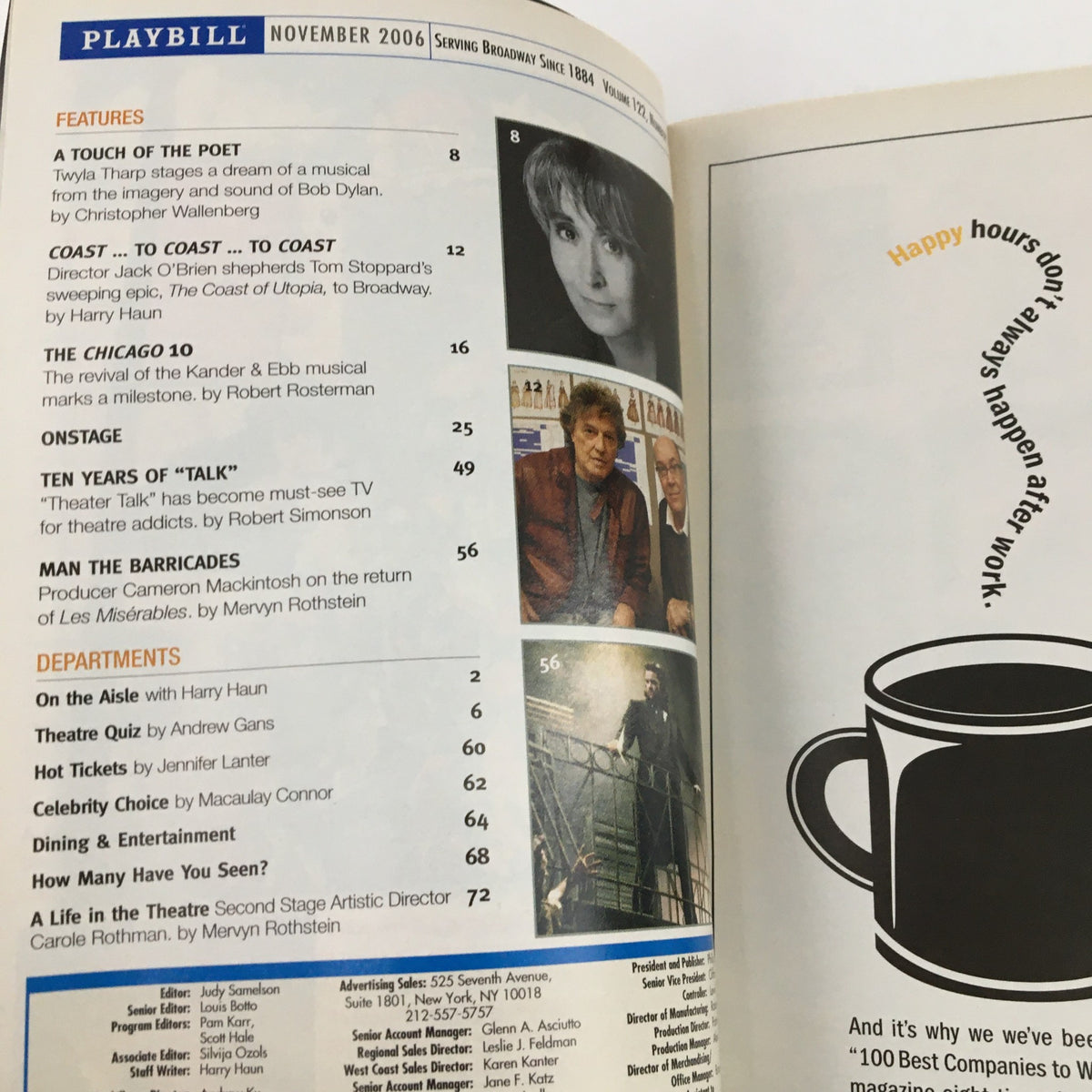 Inside page of the 2006 Playbill for The Clean House, showcasing articles and listings relevant to the production, as well as the theater's features and department highlights.