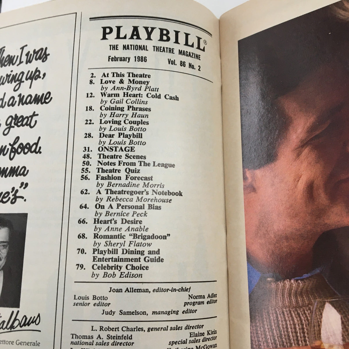 Inside page of the 1986 Playbill for Big River, showcasing a list of featured performances and advertisements from the February issue.