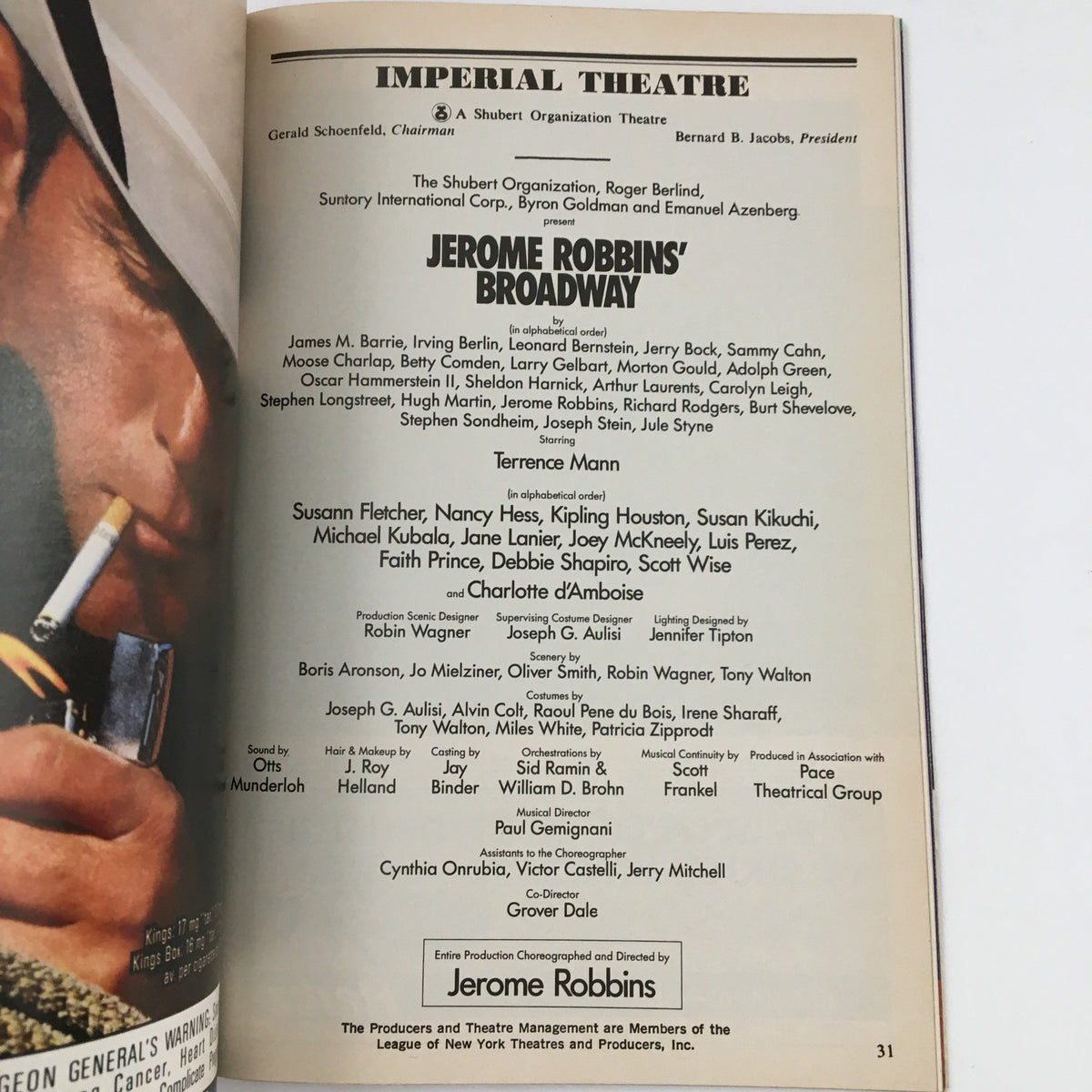 Interior pages of the 1989 Playbill from Imperial Theatre for Jerome Robbins' Broadway, listing cast and crew members.