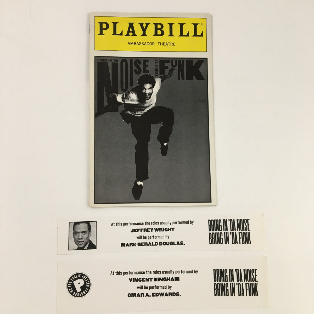 1997 Playbill for 'Bring In Da Noise, Bring In Da Funk' at the Ambassador Theatre featuring a dancer in mid-performance.