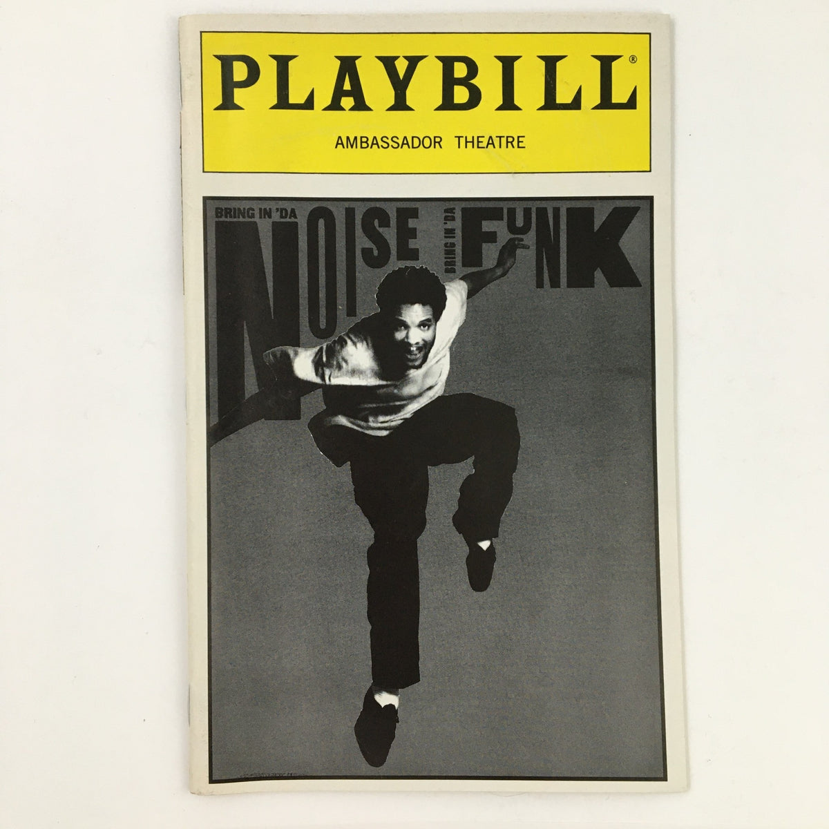 Cover of the 1997 Playbill for 'Bring In Da Noise, Bring In Da Funk' showcasing a dynamic dancer and the show's title.