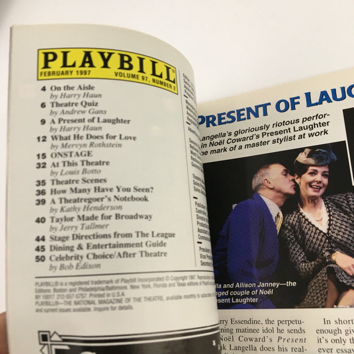 Inside page of the 1997 Playbill for 'Bring In Da Noise, Bring In Da Funk' listing featured performances and articles from February 1997.