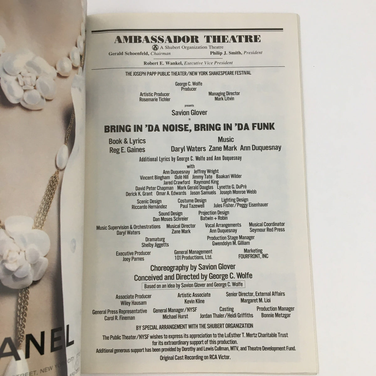 Back cover of the 1997 Playbill for 'Bring In Da Noise, Bring In Da Funk' providing details on the production team and choreography.