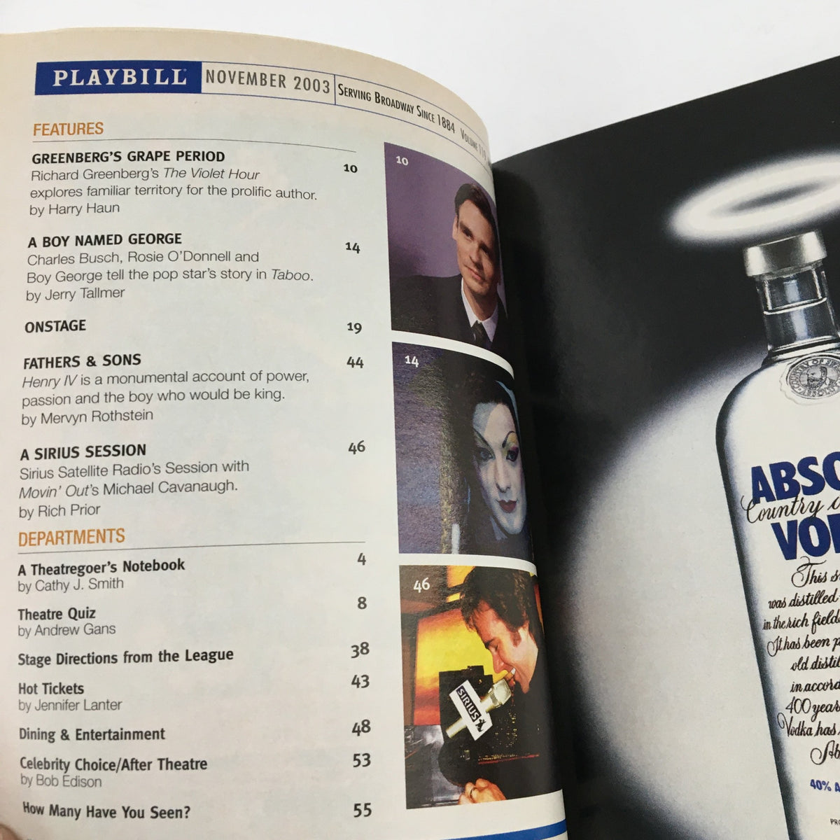 Inside page of the 2003 Playbill for The Retreat from Moscow, showcasing articles and features from November 2003.