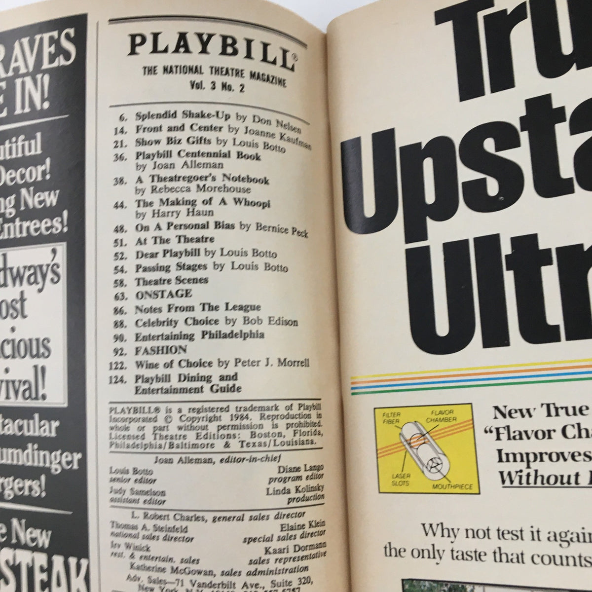 Interior page of the 1984 Playbill for 'Hurly Burly' listing various articles and features from the National Theatre Magazine.