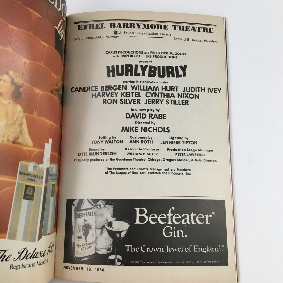 Interior page of the 1984 Playbill for 'Hurly Burly' highlighting the cast, crew, and production details at Ethel Barrymore Theatre.