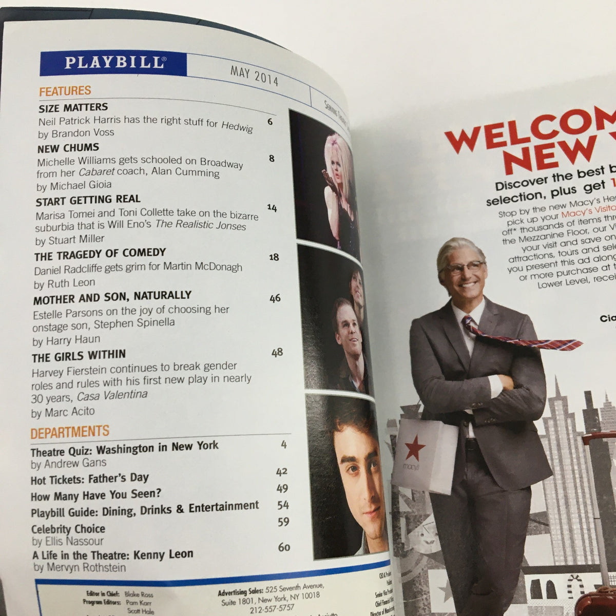 Inside page of the 2014 Playbill for Act One, featuring articles and features from the May 2014 edition.