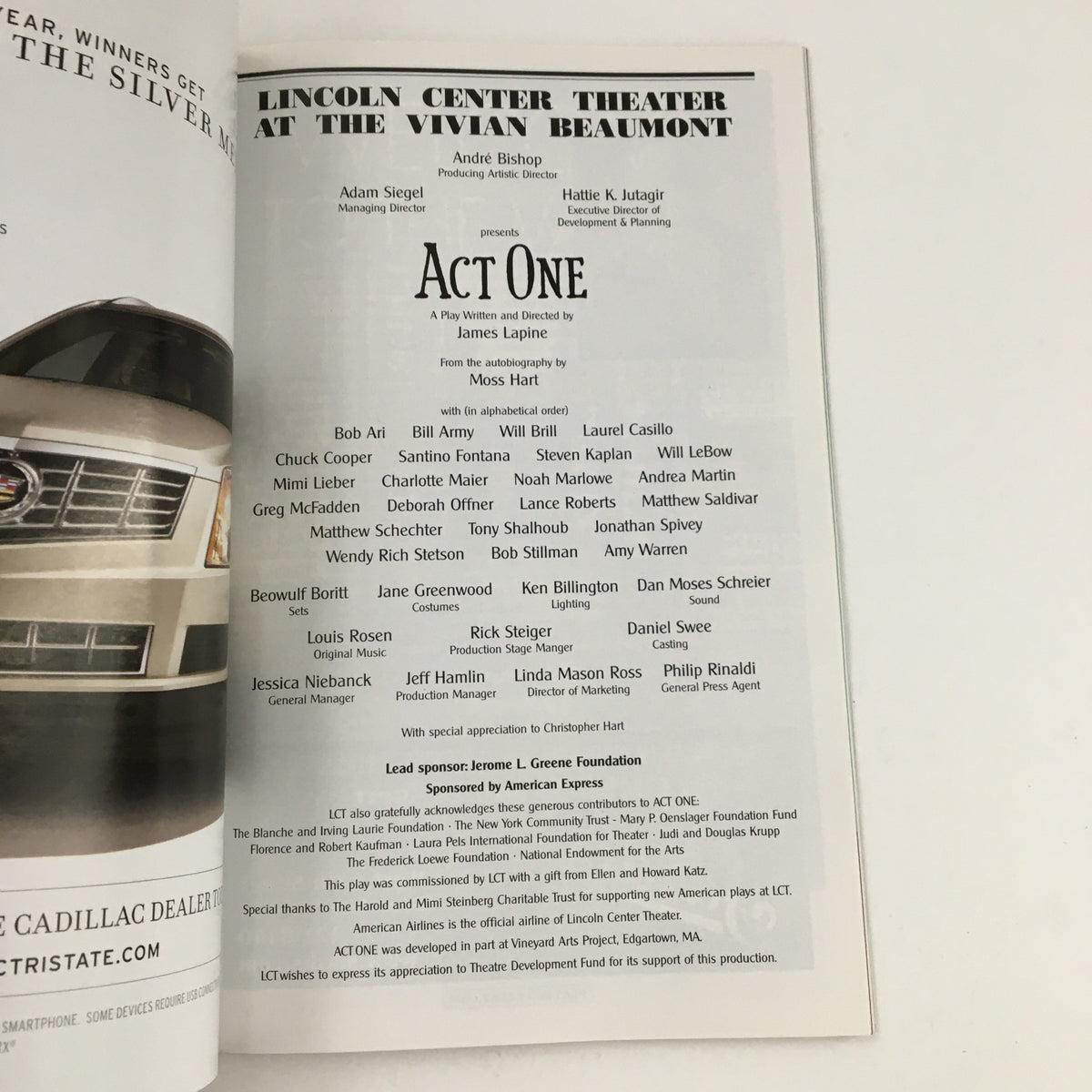 Cast and crew listing page of the 2014 Playbill for Act One, presented by Lincoln Center Theater, showcasing the production details.