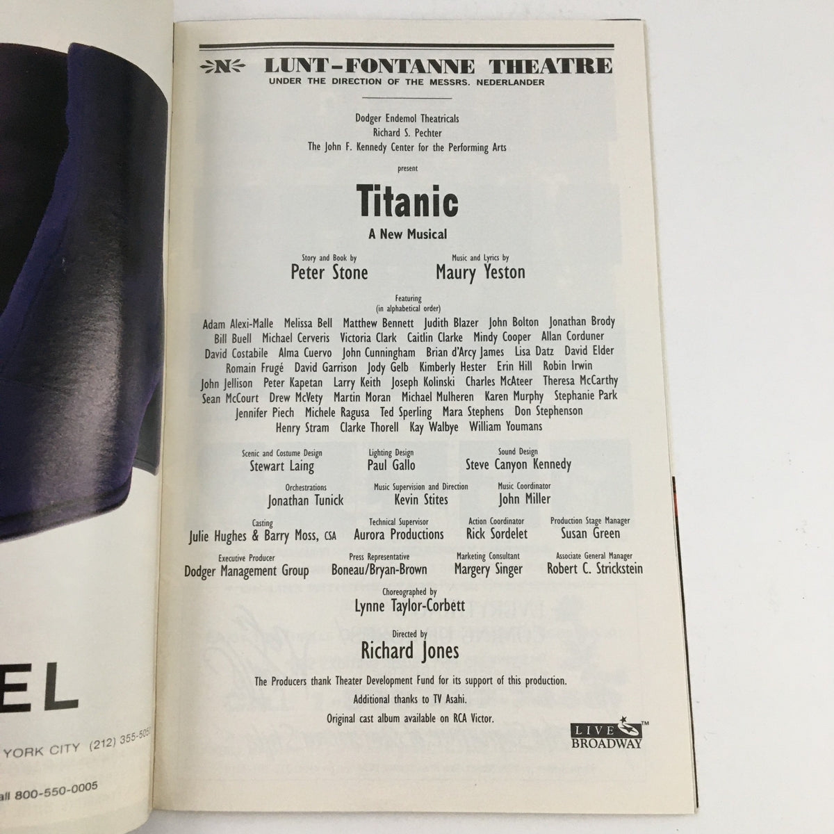 Inside page of the 1997 Lunt-Fontanne Theatre's Titanic A New Musical by Richard Jones, listing the cast and creative team.
