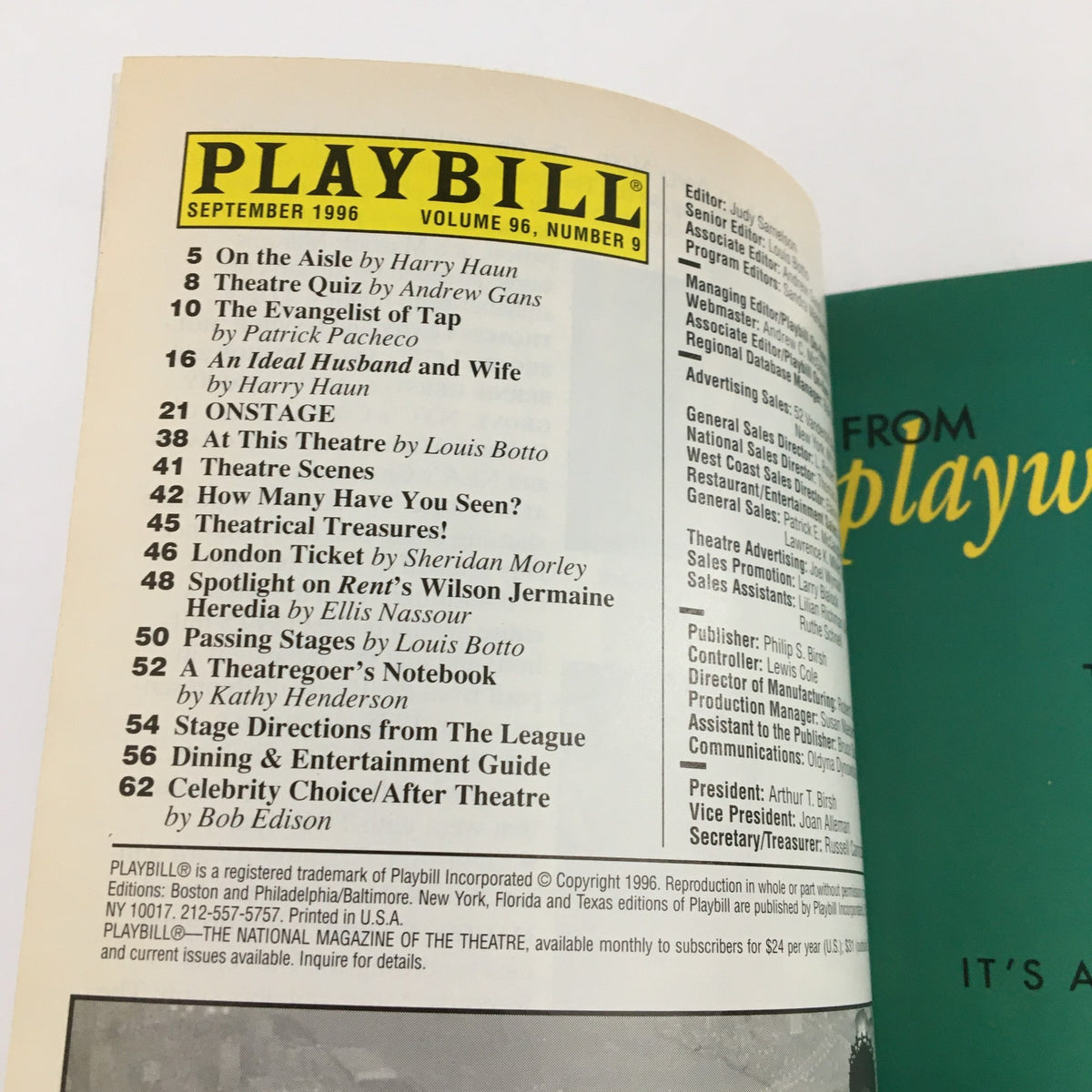 Inside page of the 1996 Playbill for Maria Callas Master Class showcasing the table of contents with various theatrical features and articles.