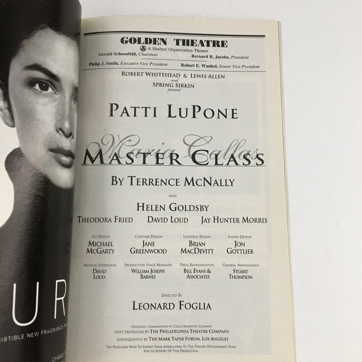Another interior page of the 1996 Playbill for Maria Callas Master Class presenting the cast credits and production details including Patti LuPone's name.