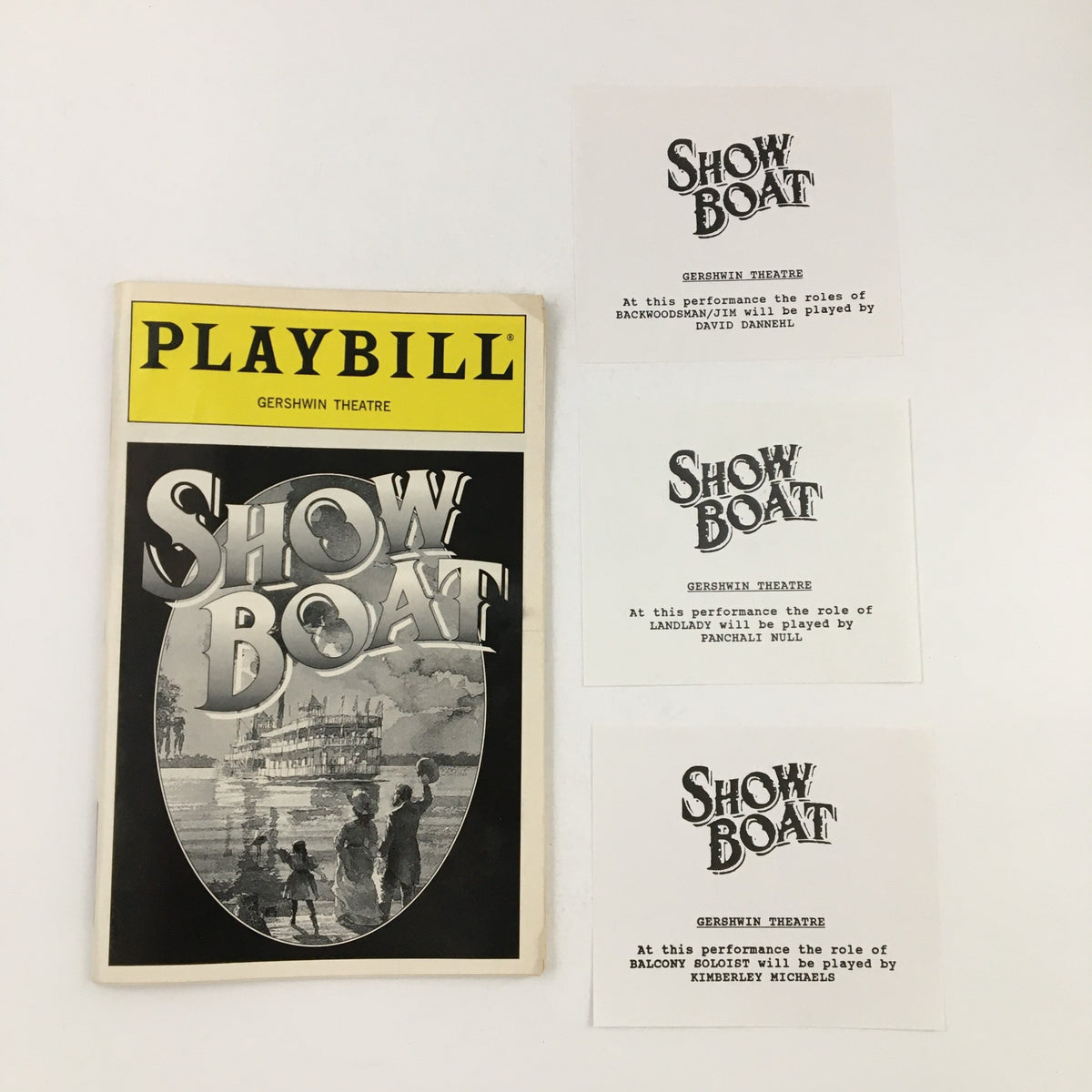 1995 Playbill for Show Boat at Gershwin Theatre, featuring original role assignment cards for characters played by David Danels, Municipal Wirt, and Kimberly Michiel.