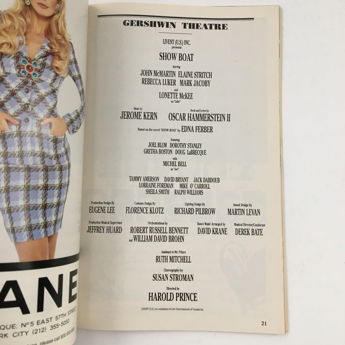 Page from the 1995 Playbill for Show Boat at Gershwin Theatre, listing cast and creatives, including director Harold Prince and composer Jerome Kern.