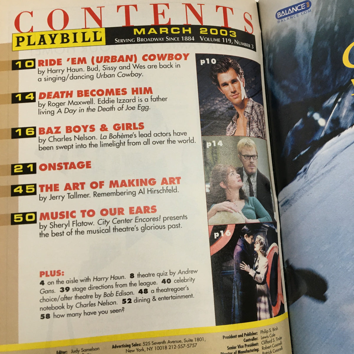 Contents page from the 2003 Playbill for Vincent in Brixton, featuring listings of articles and features for March 2003.