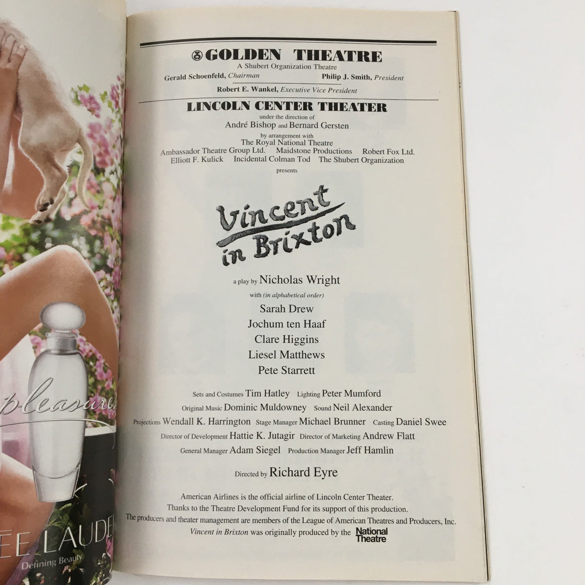 Inside page of the 2003 Playbill for Vincent in Brixton, showcasing details about the Golden Theatre production, cast members, and credits.
