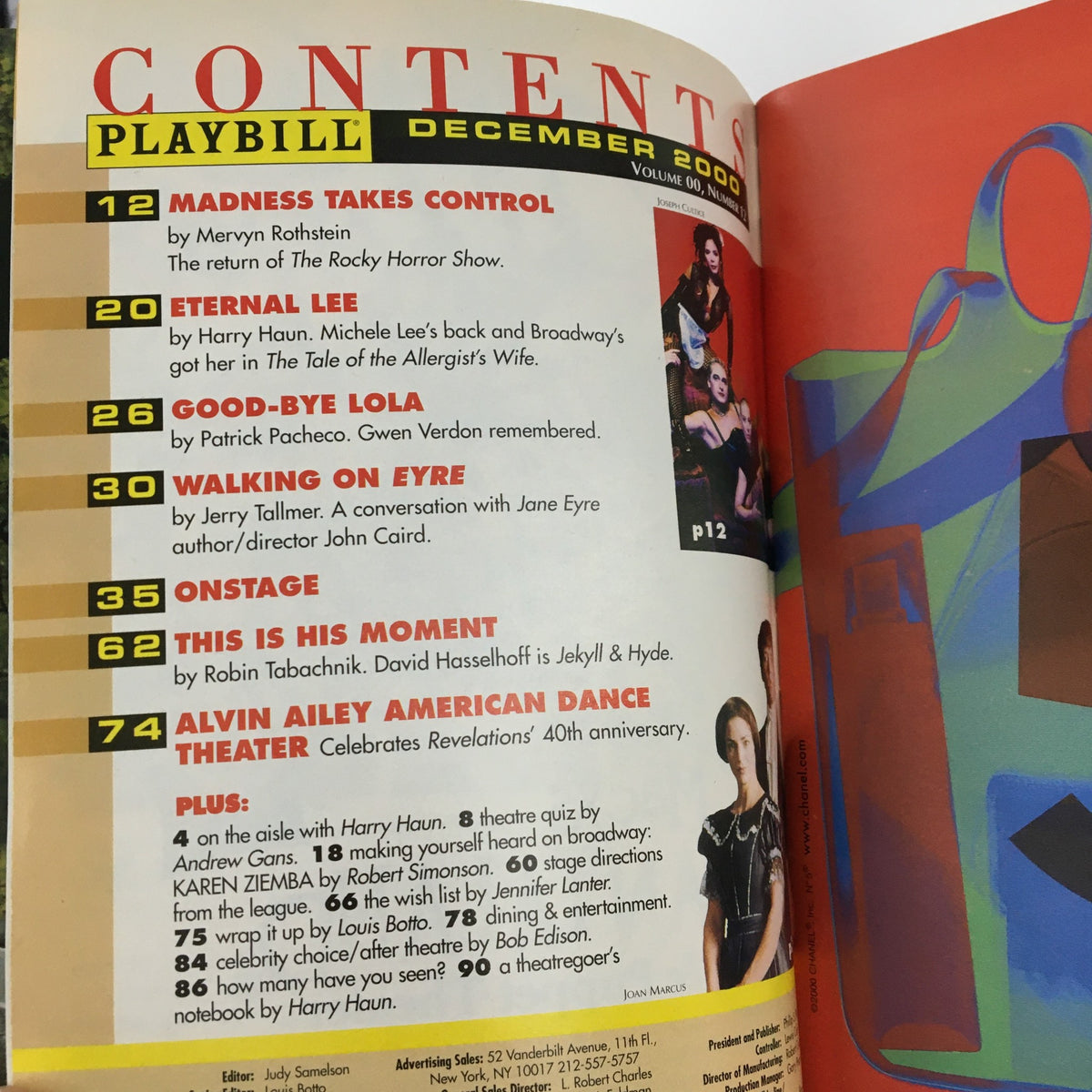 Inside content page from the December 2000 Playbill, featuring articles and highlights from various Broadway performances.