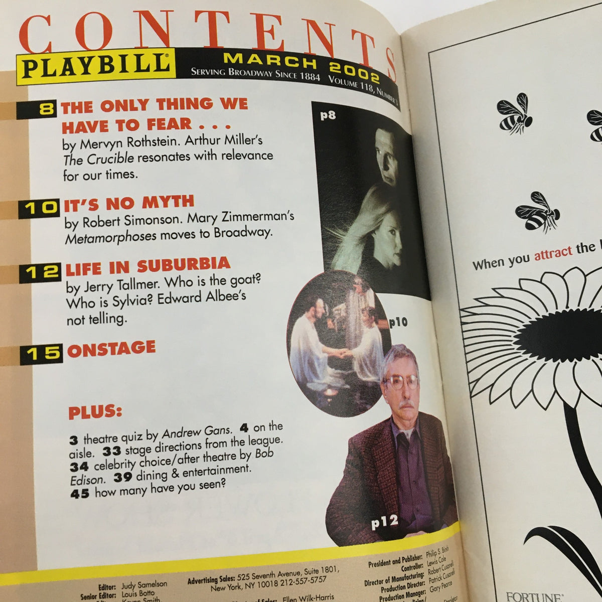 2002 Playbill The Promenade Theatre, Contents page featuring various articles including a piece on Arthur Miller's The Crucible.