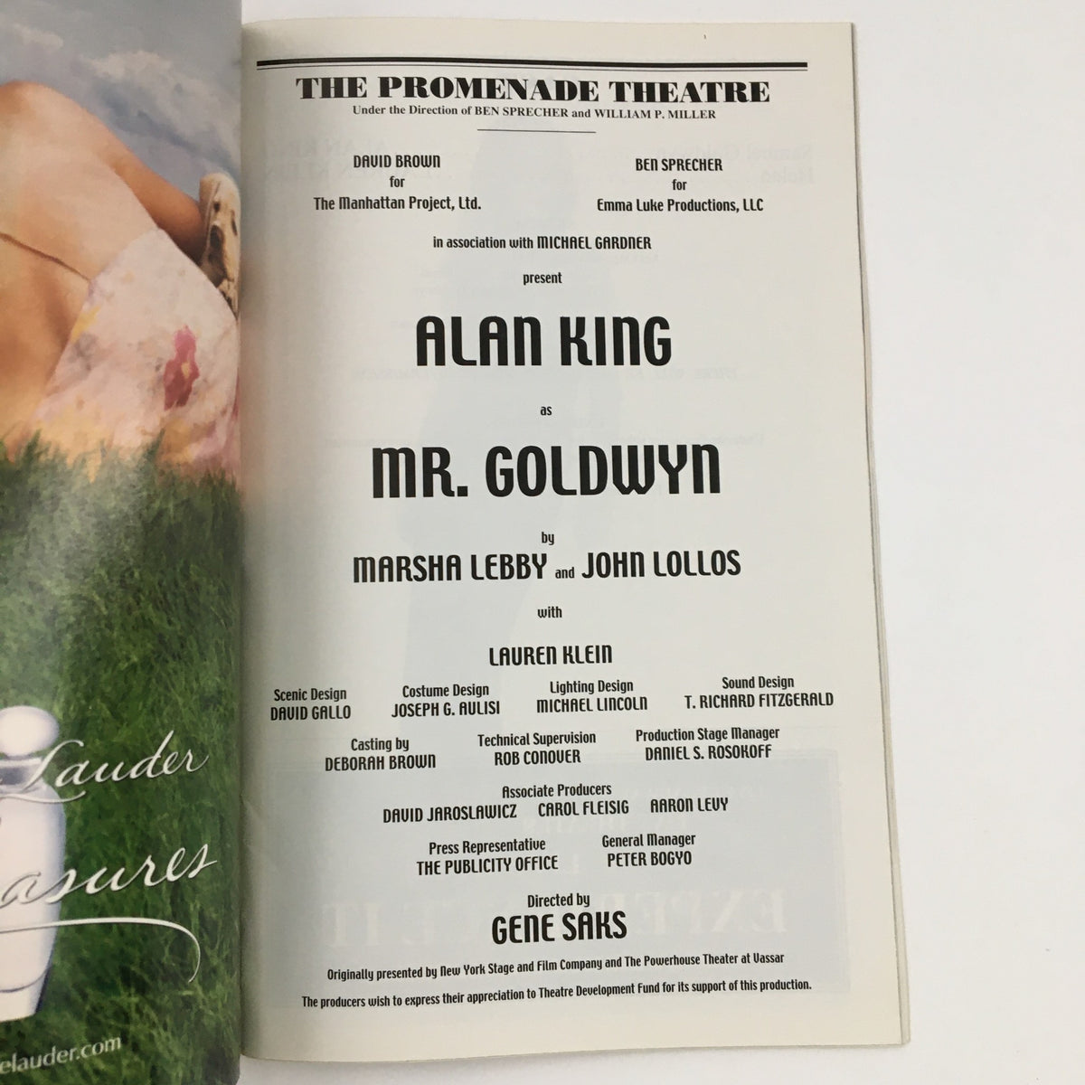 2002 Playbill The Promenade Theatre showing the cast listing for the production of Mr. Goldwyn, highlighting Alan King in the lead role.