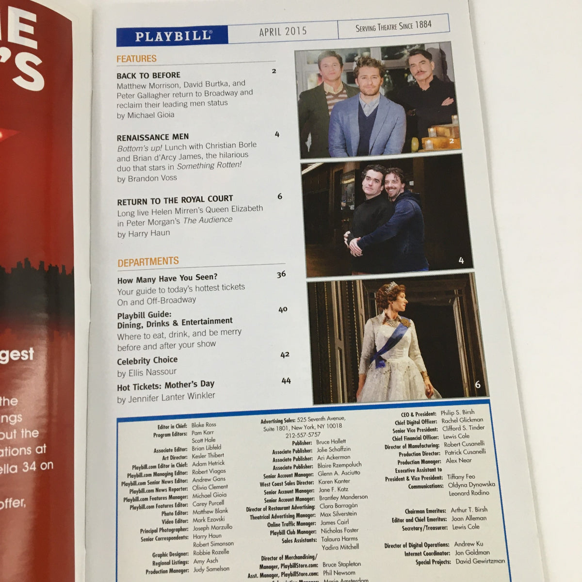 April 2015 Playbill features for various Broadway shows including 'It Shoulda Been You', highlighting actors and articles related to theater.