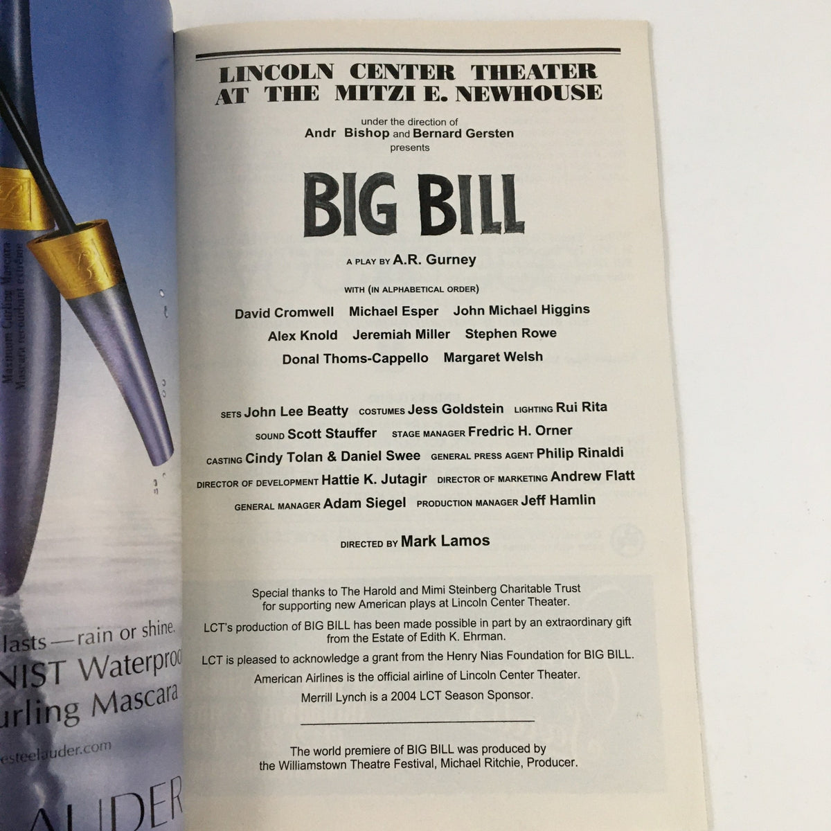 Cast list and credits for the 2004 Playbill of Big Bill by A.R. Gurney, detailing the performers and production team involved in the Lincoln Center Theater production.