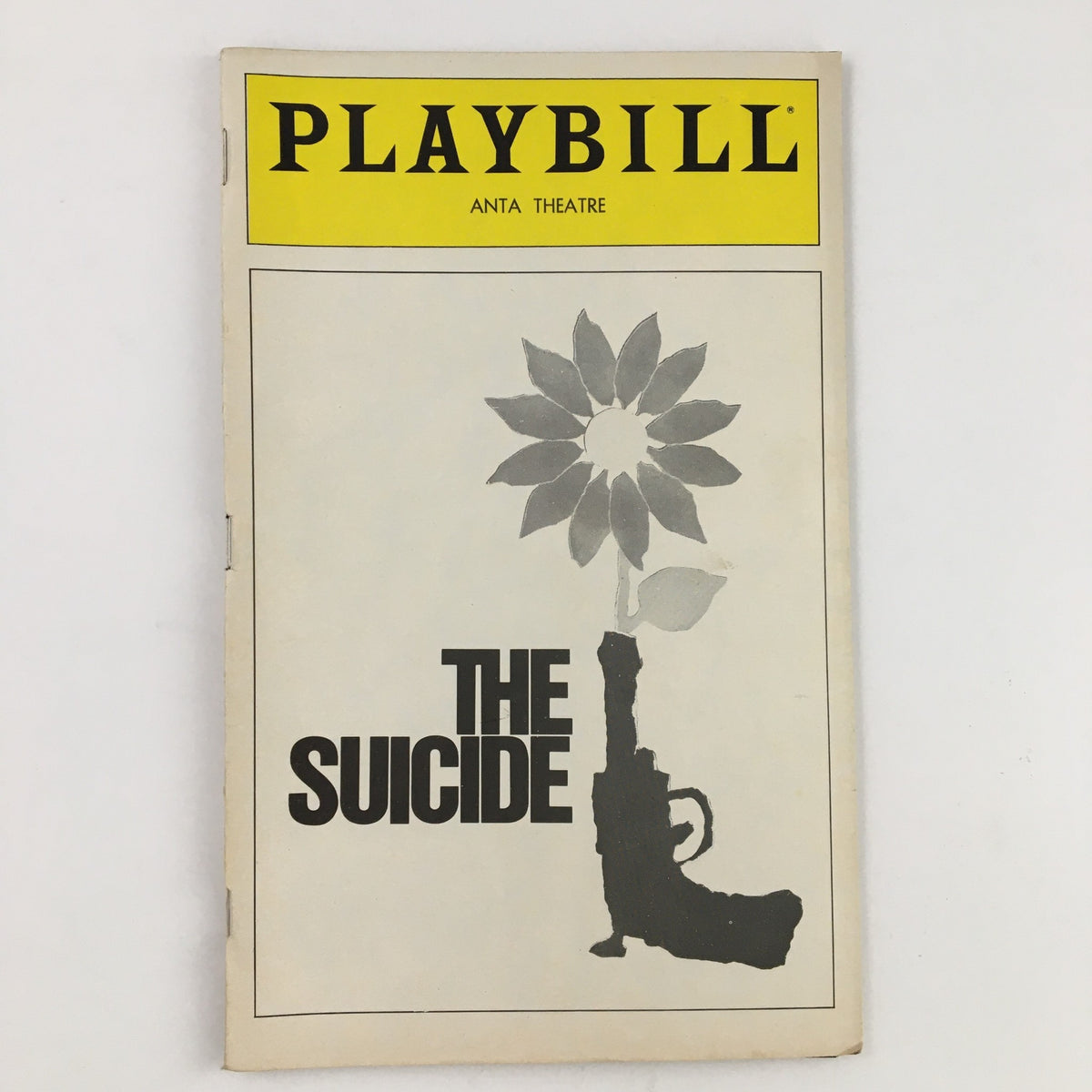 1980 Playbill for The Suicide by Nikolai Erdman featuring a silhouette of a flower and a gun, presented at the Anta Theatre, starring Derek Jacobi.