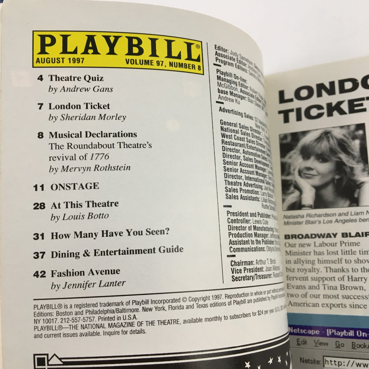 Inside page of the 1997 Playbill for The Promenade Theatre showcasing details about the magazine and upcoming shows.
