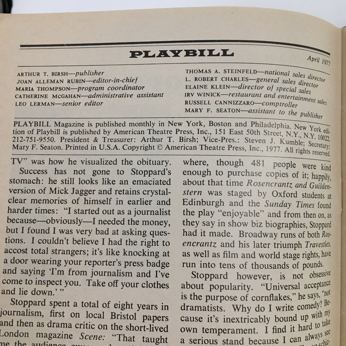 Interior page of the 1977 Playbill for A Chorus Line by Michael Bennett, featuring publication details and editorial credits.