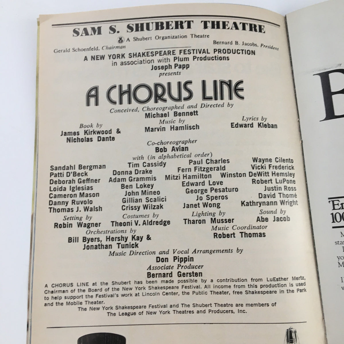 1977 Playbill for A Chorus Line at Sam S. Shubert Theatre, featuring cast and crew credits, conceived and choreographed by Michael Bennett, with music by Marvin Hamlisch and lyrics by Edward Kleban.
