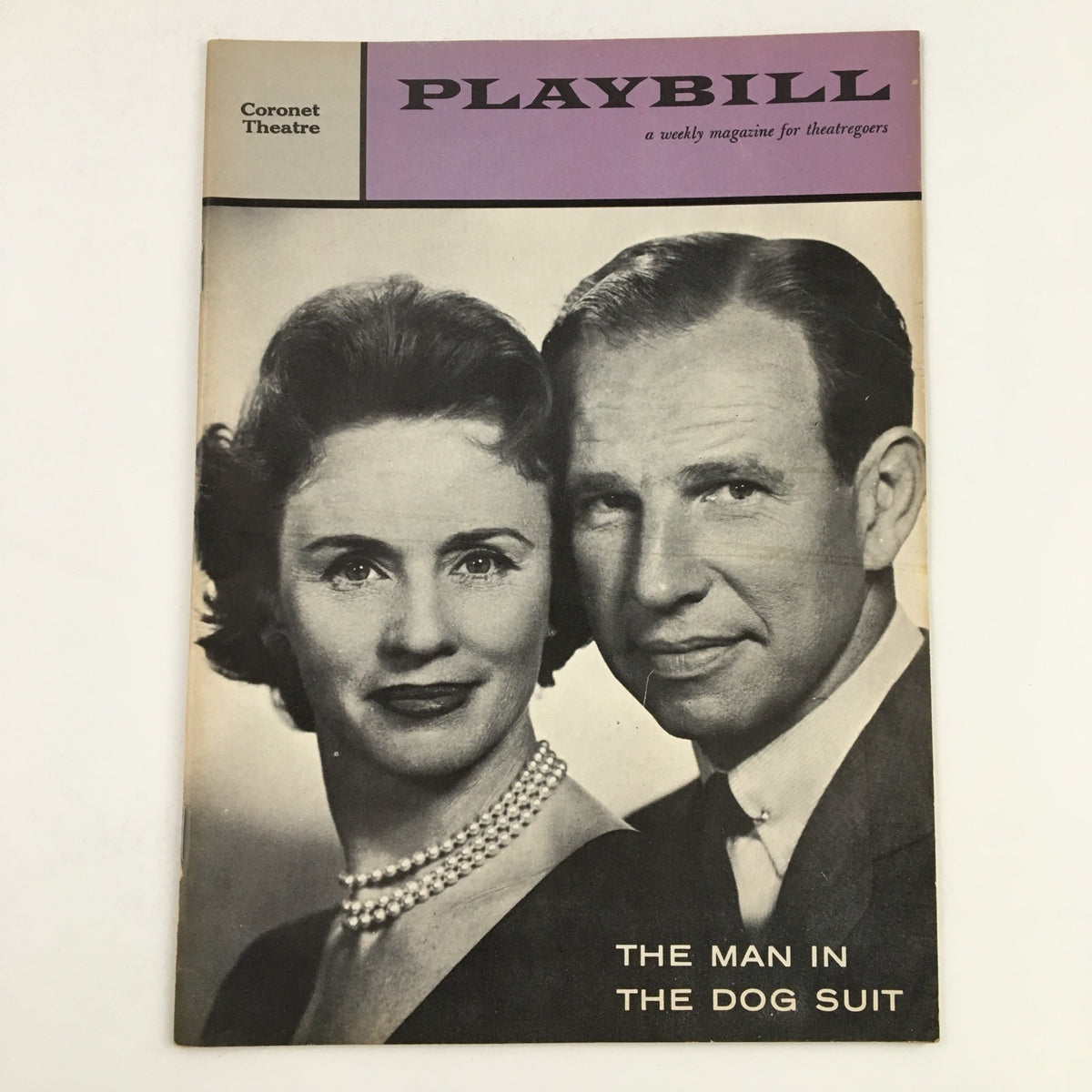 1958 Playbill for The Man In The Dog Suit featuring Jessica Tandy and co-star, showcasing classic theatrical design from Coronet Theatre.
