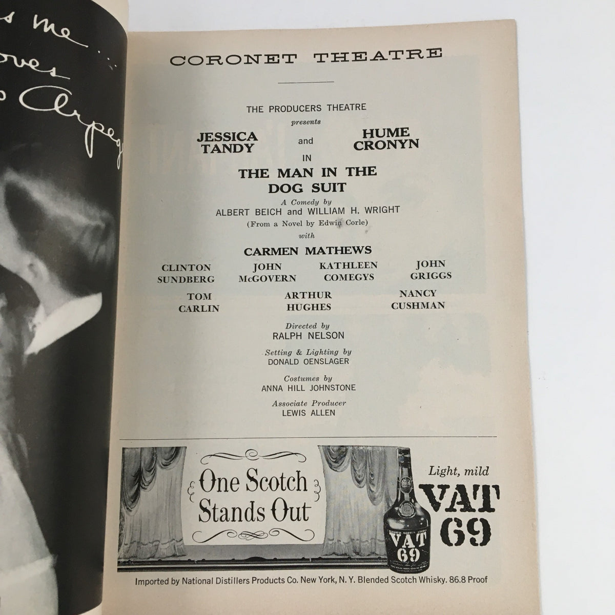 Inside page of 1958 Playbill for The Man In The Dog Suit, featuring cast details including Jessica Tandy and Hume Cronyn, presented at Coronet Theatre.