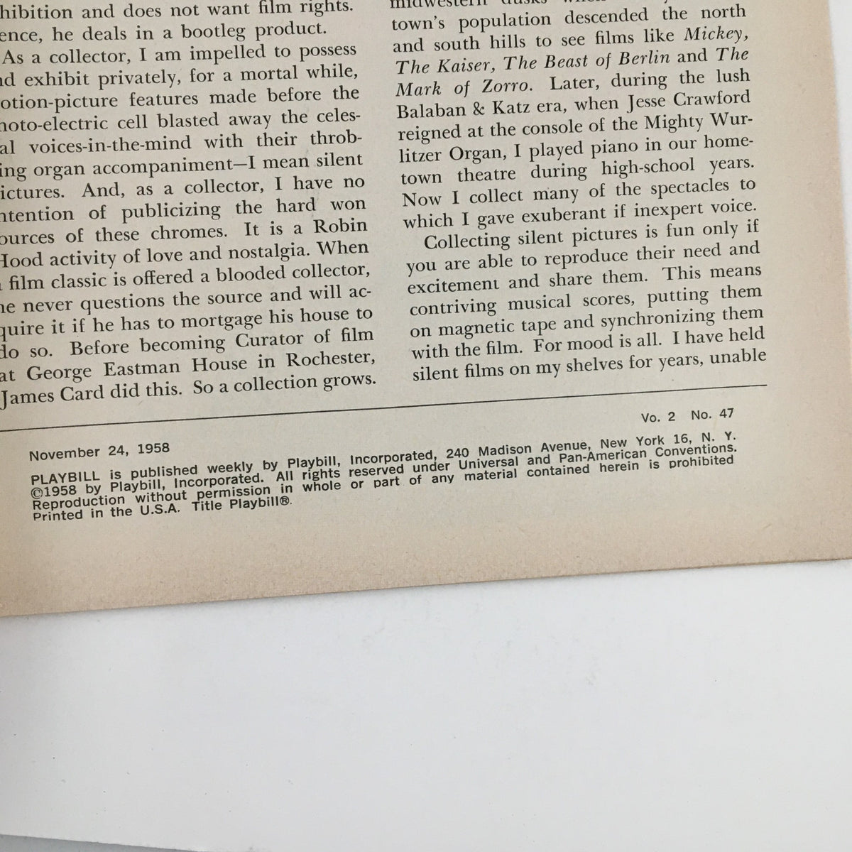 Back cover of the 1958 Playbill for The Man In The Dog Suit, displaying advertising and promotional content relevant to the production and Coronet Theatre.