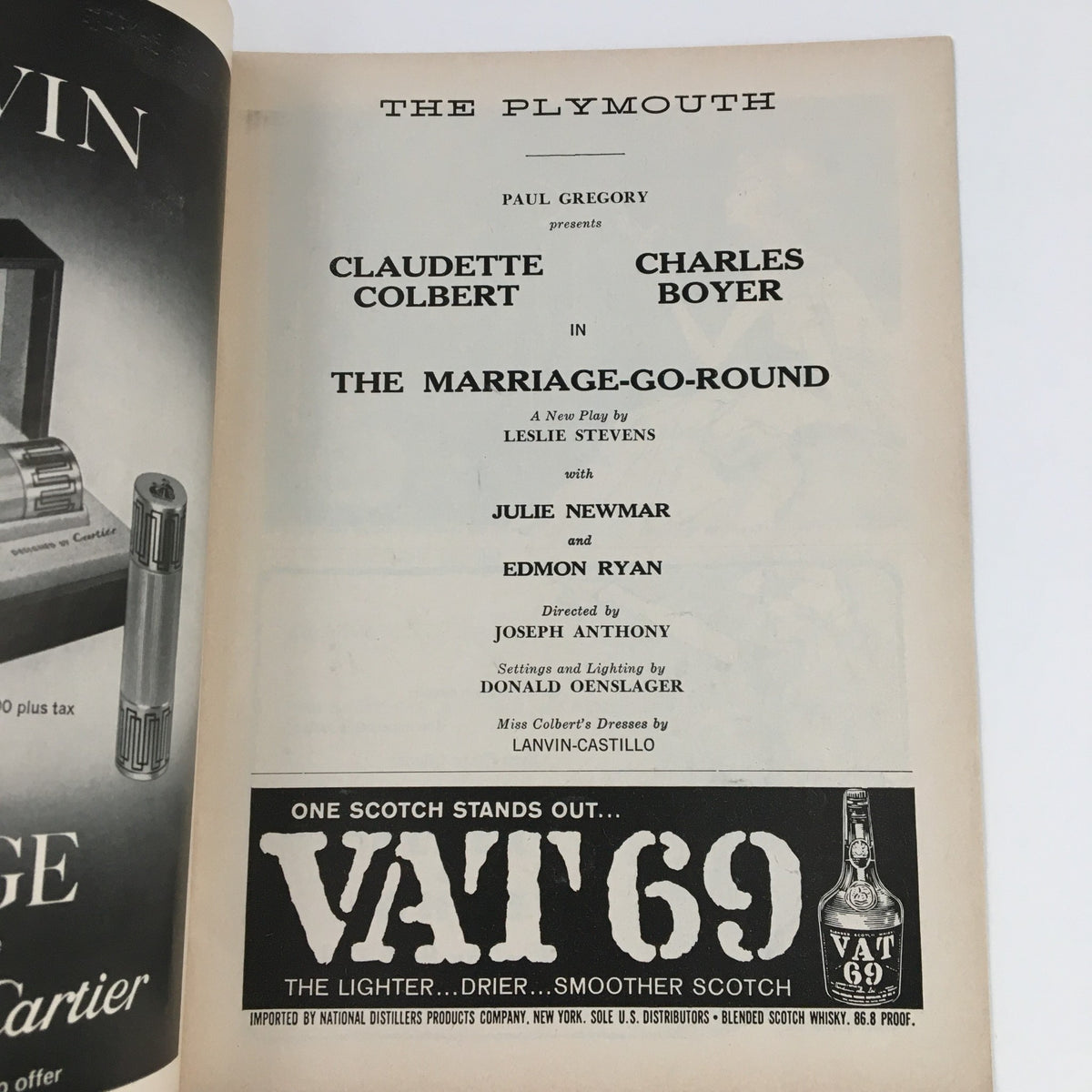 Interior page of the 1959 Playbill from The Plymouth Theatre for The Marriage-Go Round, listing cast members including Claudette Colbert and Charles Boyer.